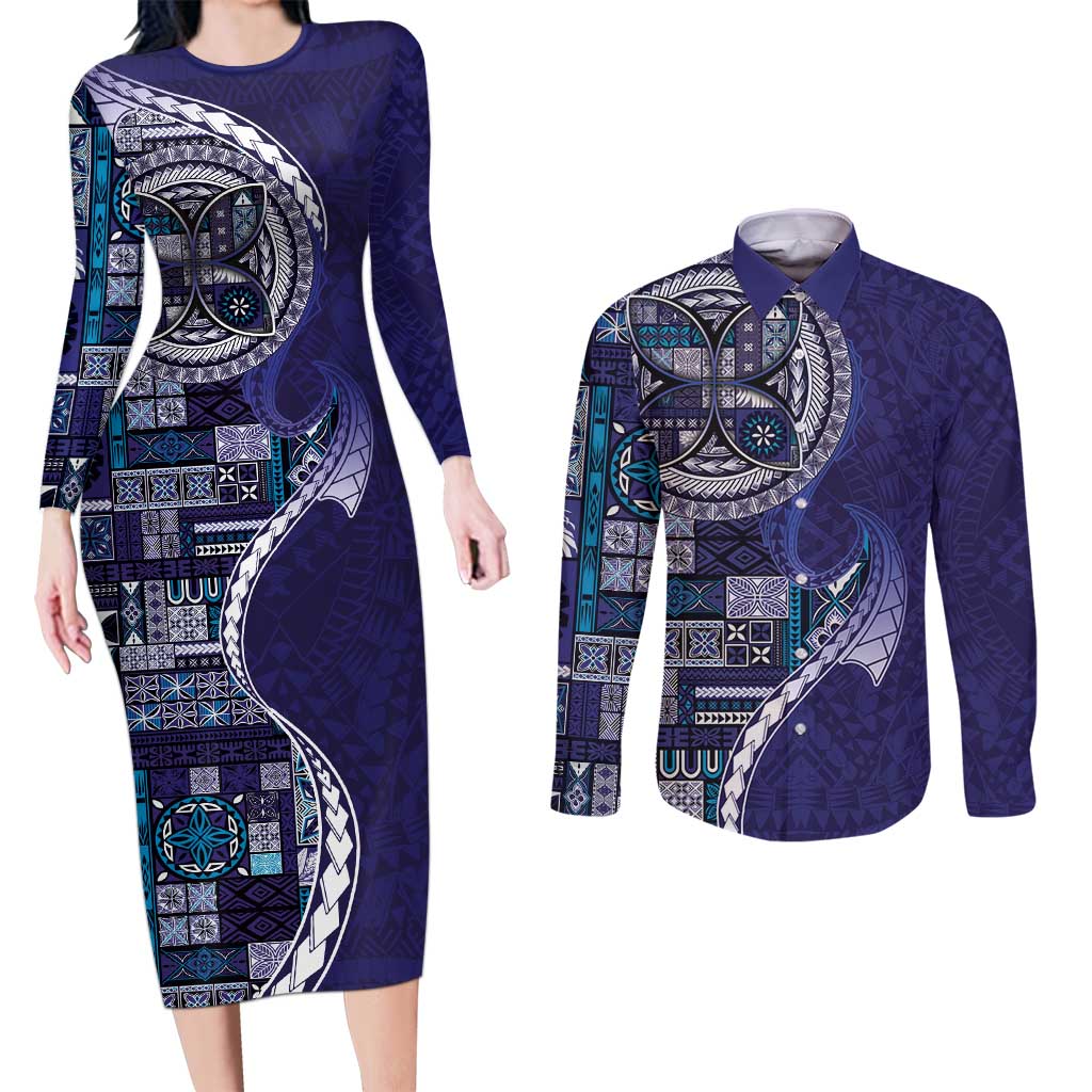 Samoan Siapo Art Tattoo Polynesian Pattern Couples Matching Long Sleeve Bodycon Dress and Long Sleeve Button Shirt Navy Color - Polynesian Pride