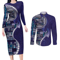 Samoan Siapo Art Tattoo Polynesian Pattern Couples Matching Long Sleeve Bodycon Dress and Long Sleeve Button Shirt Navy Color - Polynesian Pride