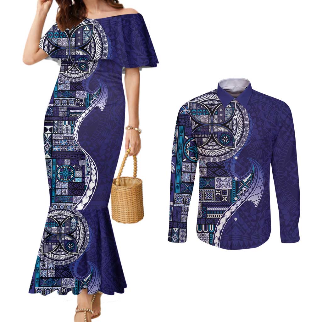 Samoan Siapo Art Tattoo Polynesian Pattern Couples Matching Mermaid Dress and Long Sleeve Button Shirt Navy Color LT03 Navy - Polynesian Pride