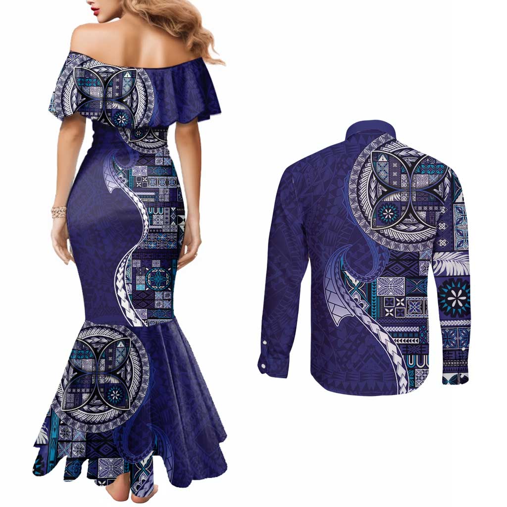 Samoan Siapo Art Tattoo Polynesian Pattern Couples Matching Mermaid Dress and Long Sleeve Button Shirt Navy Color LT03 - Polynesian Pride