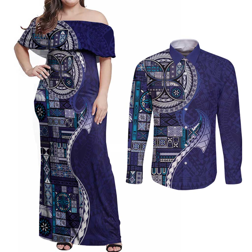 Samoan Siapo Art Tattoo Polynesian Pattern Couples Matching Off Shoulder Maxi Dress and Long Sleeve Button Shirt Navy Color LT03 Navy - Polynesian Pride