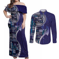 Samoan Siapo Art Tattoo Polynesian Pattern Couples Matching Off Shoulder Maxi Dress and Long Sleeve Button Shirt Navy Color LT03 Navy - Polynesian Pride