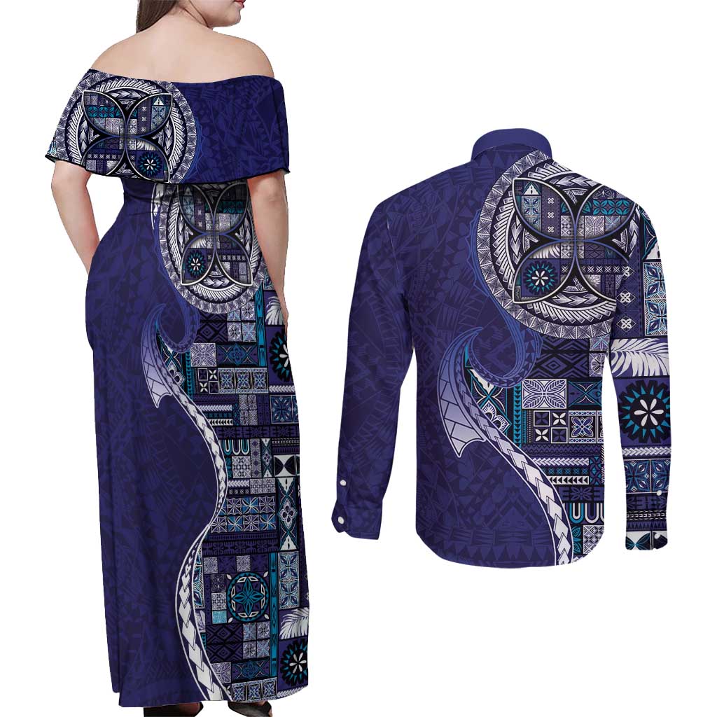 Samoan Siapo Art Tattoo Polynesian Pattern Couples Matching Off Shoulder Maxi Dress and Long Sleeve Button Shirt Navy Color LT03 - Polynesian Pride
