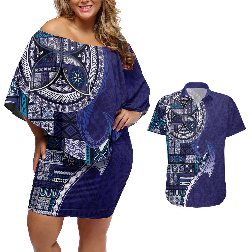 Samoan Siapo Art Tattoo Polynesian Pattern Couples Matching Off Shoulder Short Dress and Hawaiian Shirt Navy Color LT03 Navy - Polynesian Pride