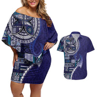 Samoan Siapo Art Tattoo Polynesian Pattern Couples Matching Off Shoulder Short Dress and Hawaiian Shirt Navy Color LT03 Navy - Polynesian Pride
