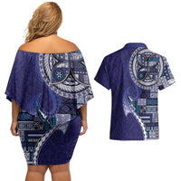 Samoan Siapo Art Tattoo Polynesian Pattern Couples Matching Off Shoulder Short Dress and Hawaiian Shirt Navy Color LT03 - Polynesian Pride