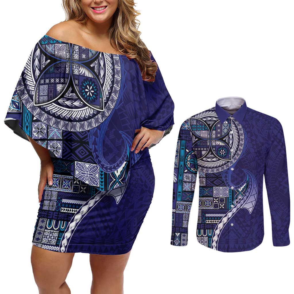 Samoan Siapo Art Tattoo Polynesian Pattern Couples Matching Off Shoulder Short Dress and Long Sleeve Button Shirt Navy Color LT03 Navy - Polynesian Pride