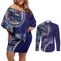 Samoan Siapo Art Tattoo Polynesian Pattern Couples Matching Off Shoulder Short Dress and Long Sleeve Button Shirt Navy Color LT03 Navy - Polynesian Pride