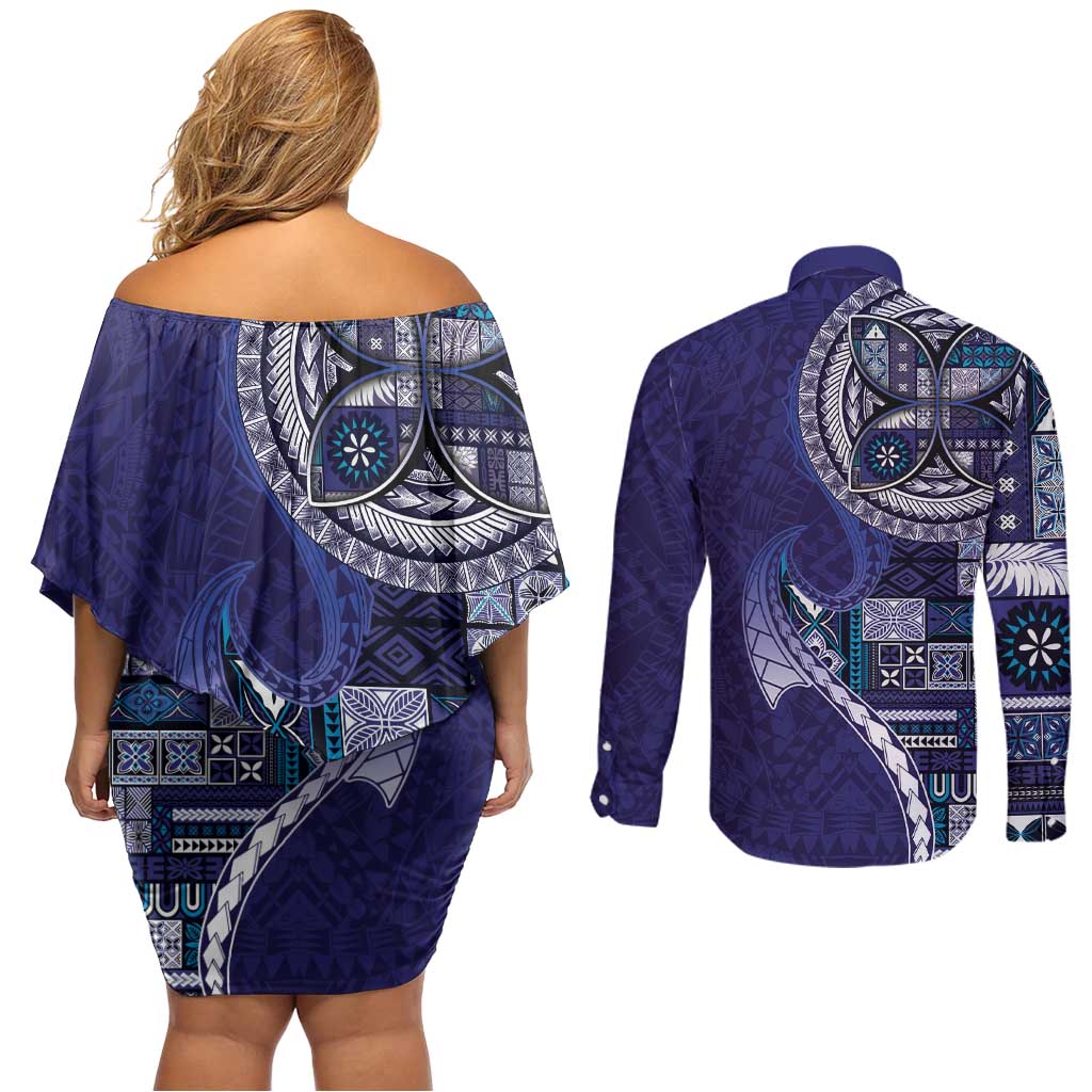 Samoan Siapo Art Tattoo Polynesian Pattern Couples Matching Off Shoulder Short Dress and Long Sleeve Button Shirt Navy Color LT03 - Polynesian Pride