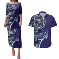 Samoan Siapo Art Tattoo Polynesian Pattern Couples Matching Puletasi and Hawaiian Shirt Navy Color LT03 Navy - Polynesian Pride