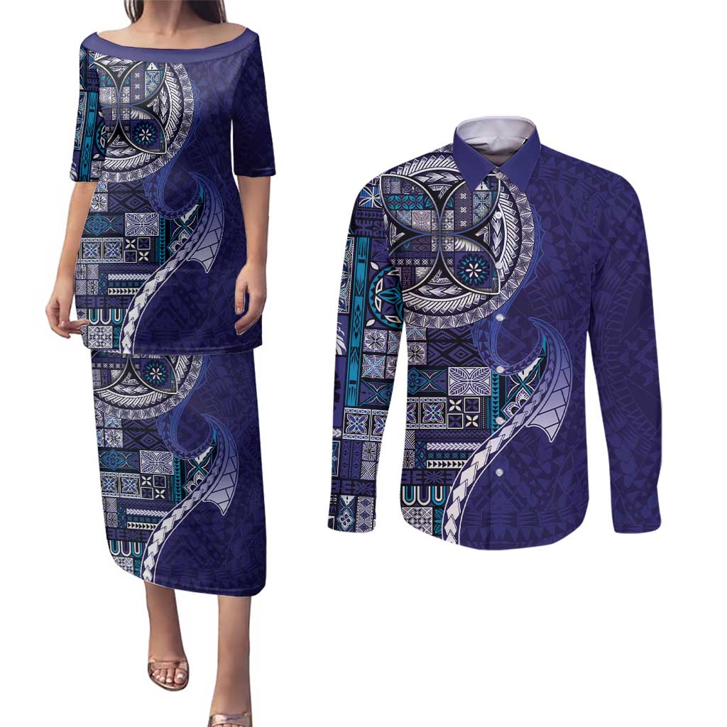 Samoan Siapo Art Tattoo Polynesian Pattern Couples Matching Puletasi and Long Sleeve Button Shirt Navy Color LT03 Navy - Polynesian Pride