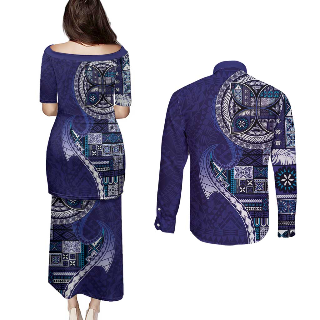 Samoan Siapo Art Tattoo Polynesian Pattern Couples Matching Puletasi and Long Sleeve Button Shirt Navy Color LT03 - Polynesian Pride