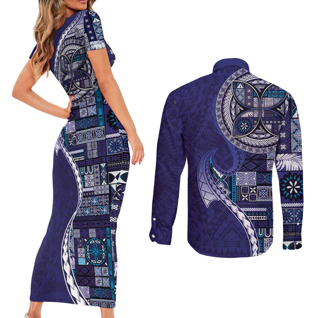 Samoan Siapo Art Tattoo Polynesian Pattern Couples Matching Short Sleeve Bodycon Dress and Long Sleeve Button Shirt Navy Color LT03 - Polynesian Pride
