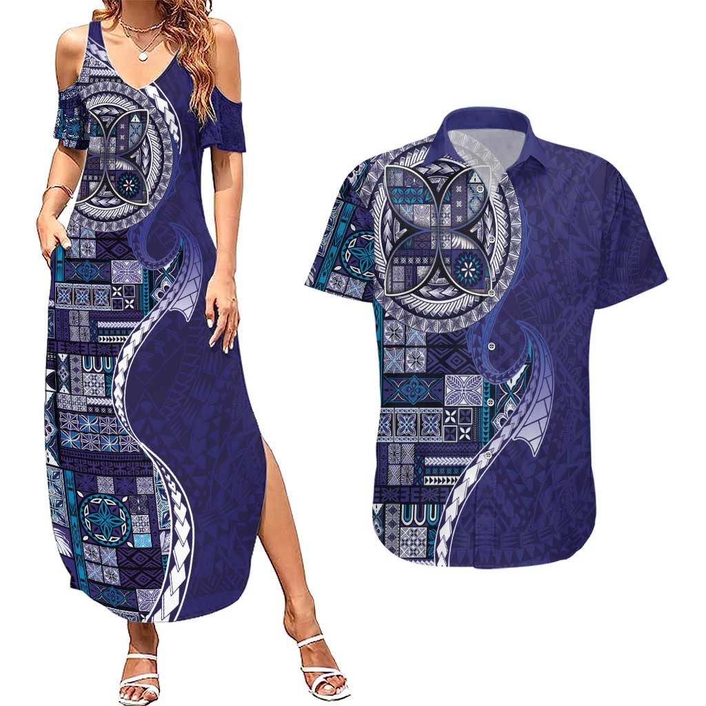 Samoan Siapo Art Tattoo Polynesian Pattern Couples Matching Summer Maxi Dress and Hawaiian Shirt Navy Color LT03 Navy - Polynesian Pride