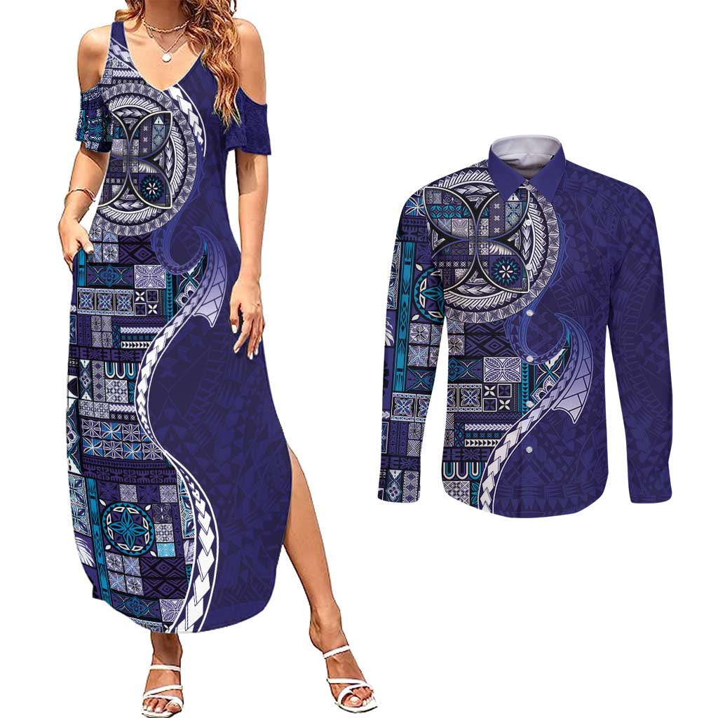 Samoan Siapo Art Tattoo Polynesian Pattern Couples Matching Summer Maxi Dress and Long Sleeve Button Shirt Navy Color LT03 Navy - Polynesian Pride