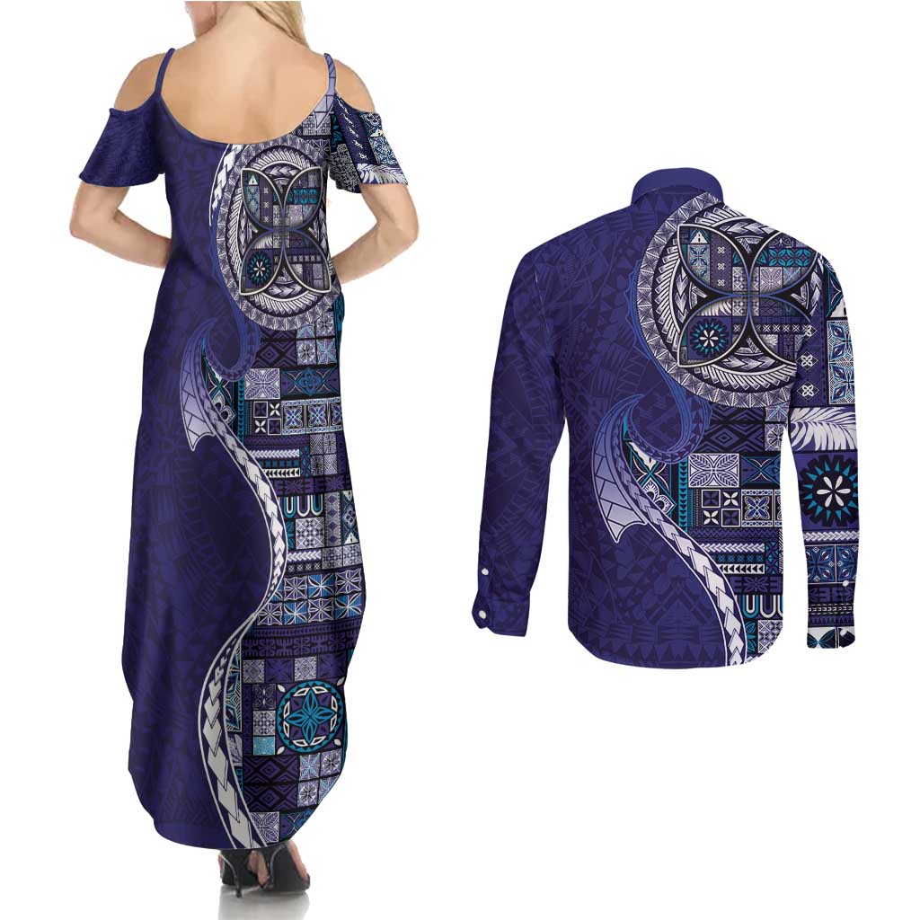 Samoan Siapo Art Tattoo Polynesian Pattern Couples Matching Summer Maxi Dress and Long Sleeve Button Shirt Navy Color LT03 - Polynesian Pride