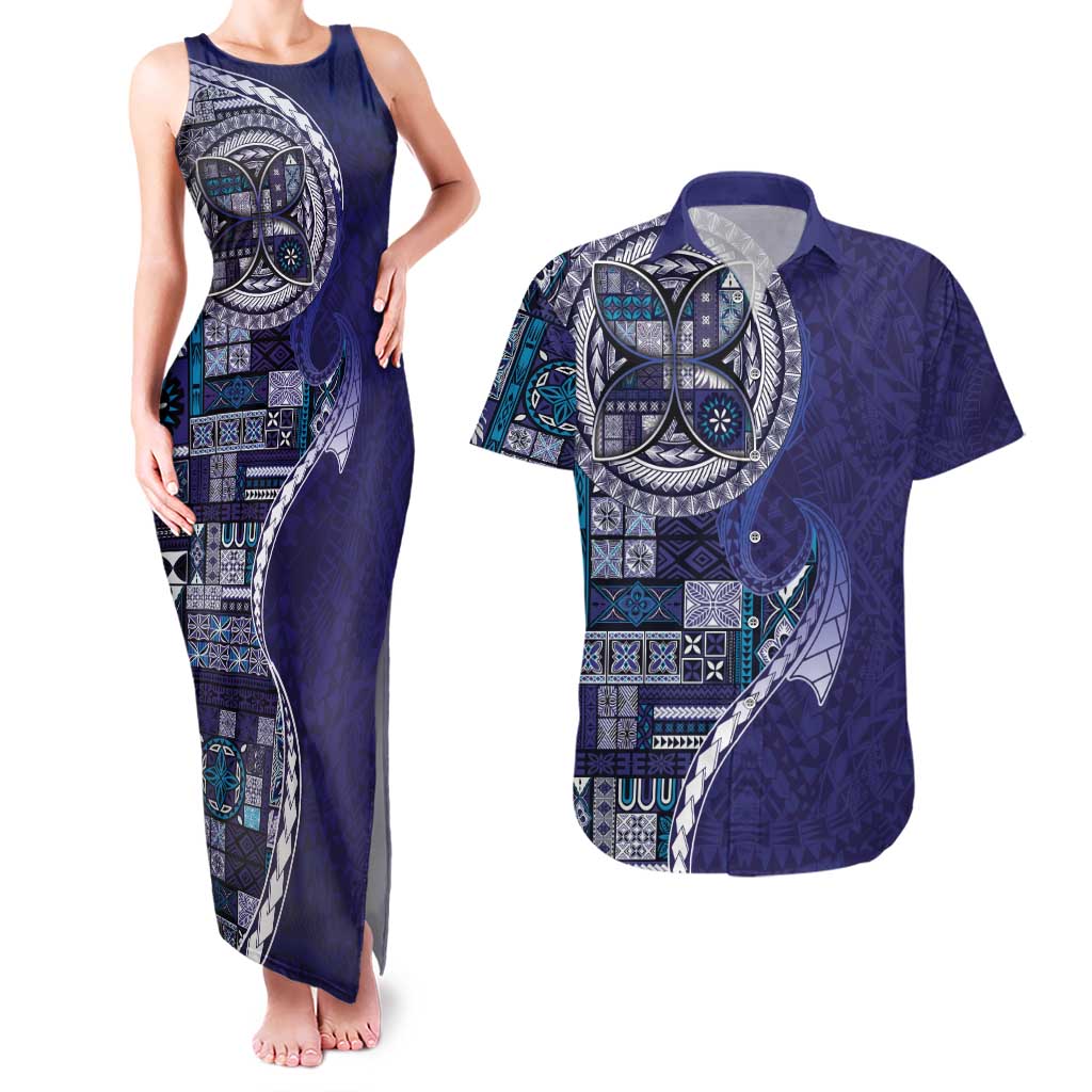 Samoan Siapo Art Tattoo Polynesian Pattern Couples Matching Tank Maxi Dress and Hawaiian Shirt Navy Color LT03 Navy - Polynesian Pride