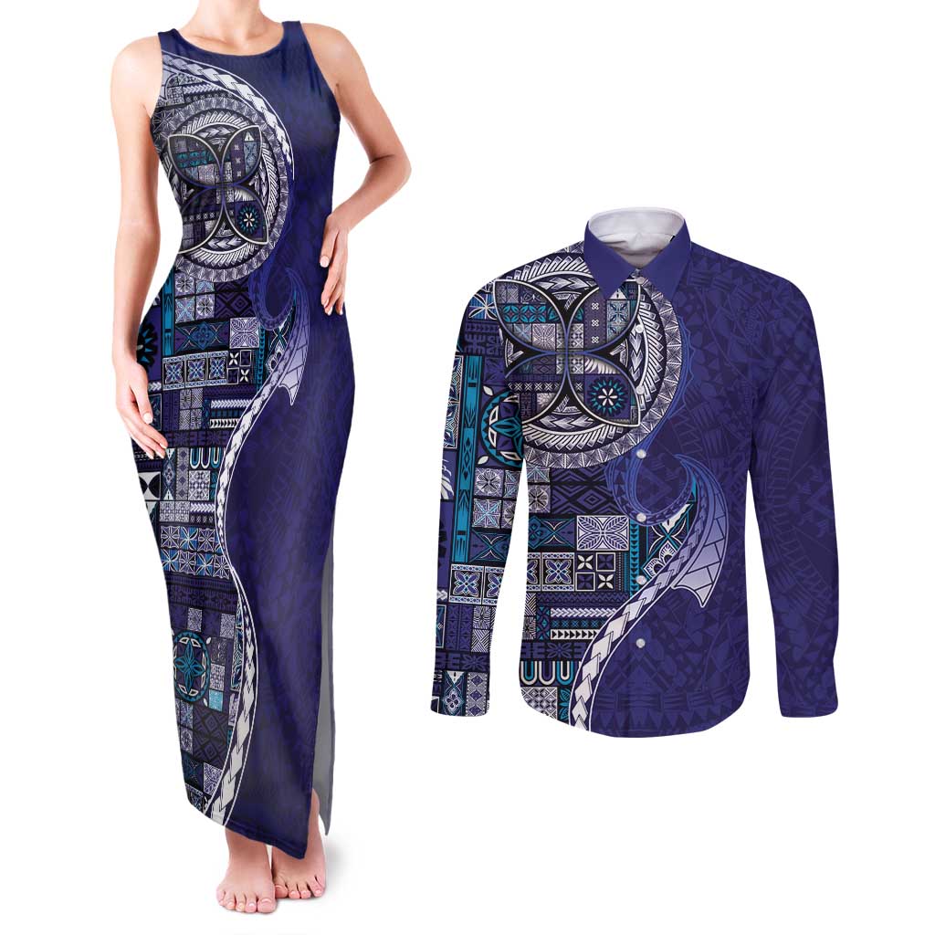 Samoan Siapo Art Tattoo Polynesian Pattern Couples Matching Tank Maxi Dress and Long Sleeve Button Shirt Navy Color LT03 Navy - Polynesian Pride