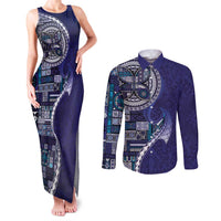 Samoan Siapo Art Tattoo Polynesian Pattern Couples Matching Tank Maxi Dress and Long Sleeve Button Shirt Navy Color LT03 Navy - Polynesian Pride