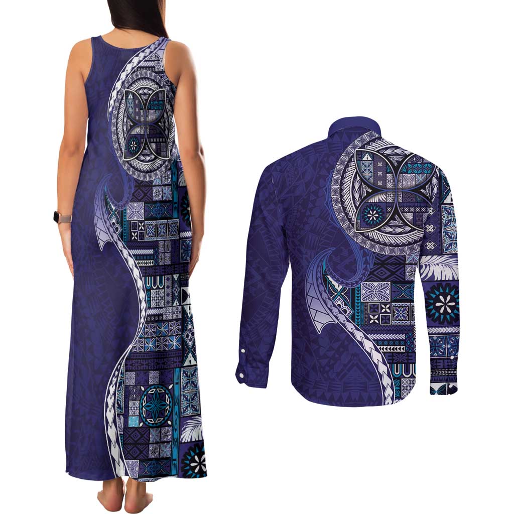 Samoan Siapo Art Tattoo Polynesian Pattern Couples Matching Tank Maxi Dress and Long Sleeve Button Shirt Navy Color LT03 - Polynesian Pride