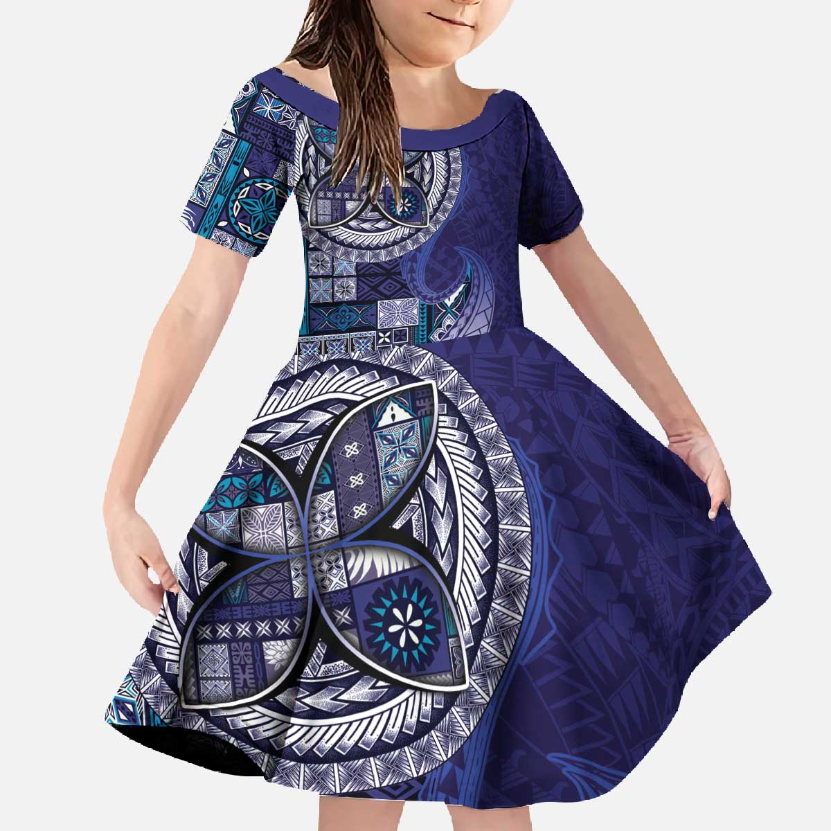 Samoan Siapo Art Tattoo Polynesian Pattern Family Matching Off The Shoulder Long Sleeve Dress and Hawaiian Shirt Navy Color - Polynesian Pride