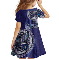 Samoan Siapo Art Tattoo Polynesian Pattern Family Matching Off The Shoulder Long Sleeve Dress and Hawaiian Shirt Navy Color - Polynesian Pride