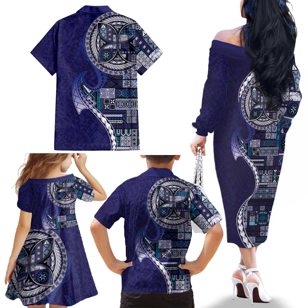 Samoan Siapo Art Tattoo Polynesian Pattern Family Matching Off The Shoulder Long Sleeve Dress and Hawaiian Shirt Navy Color - Polynesian Pride