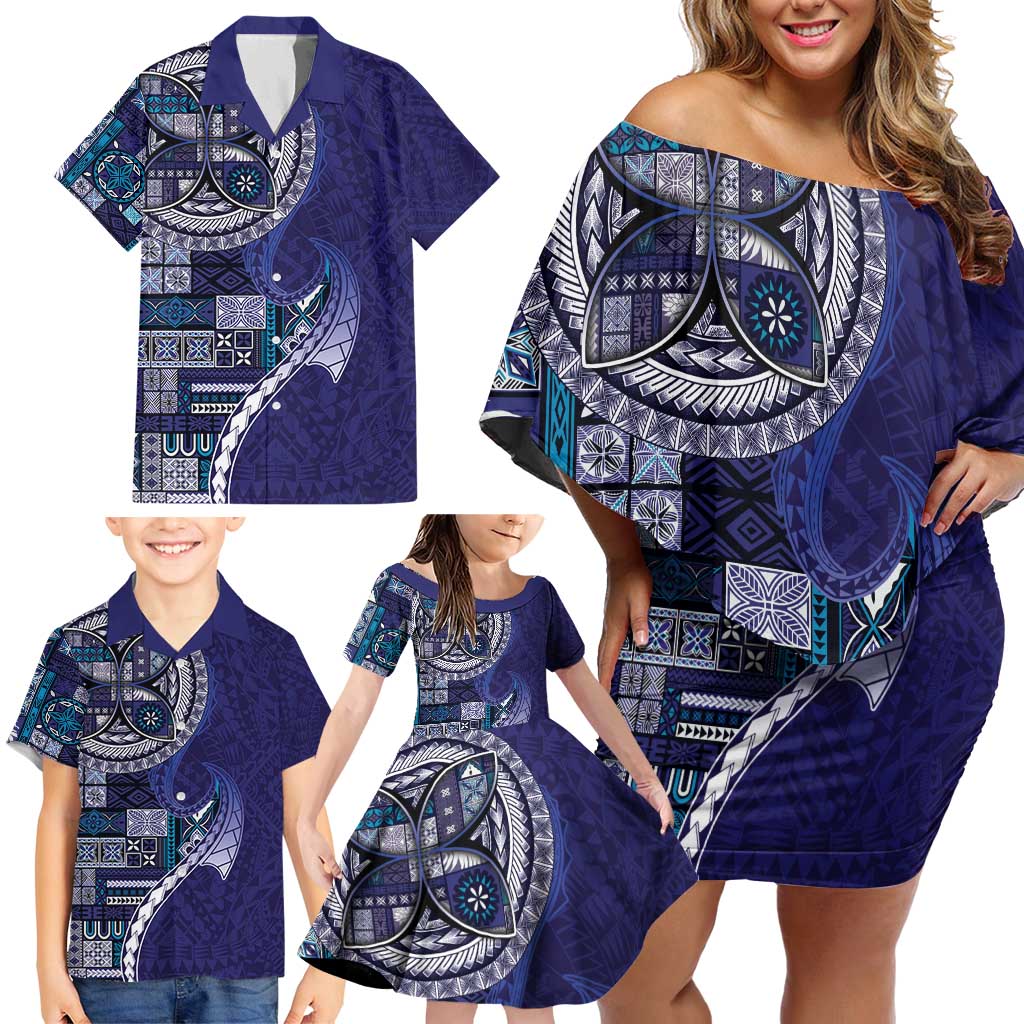 Samoan Siapo Art Tattoo Polynesian Pattern Family Matching Off Shoulder Short Dress and Hawaiian Shirt Navy Color - Polynesian Pride