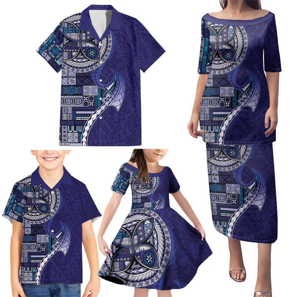 Samoan Siapo Art Tattoo Polynesian Pattern Family Matching Puletasi and Hawaiian Shirt Navy Color - Polynesian Pride