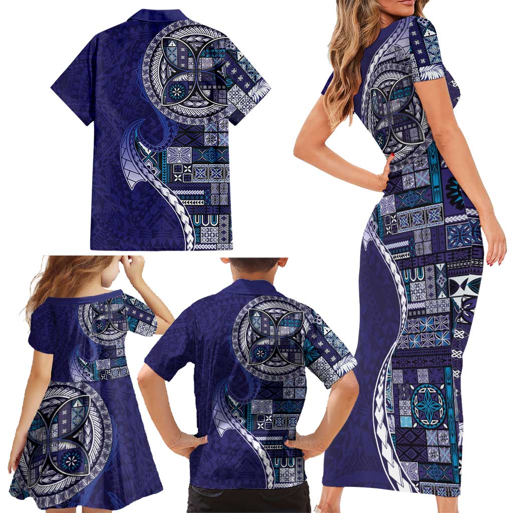 Samoan Siapo Art Tattoo Polynesian Pattern Family Matching Short Sleeve Bodycon Dress and Hawaiian Shirt Navy Color - Polynesian Pride