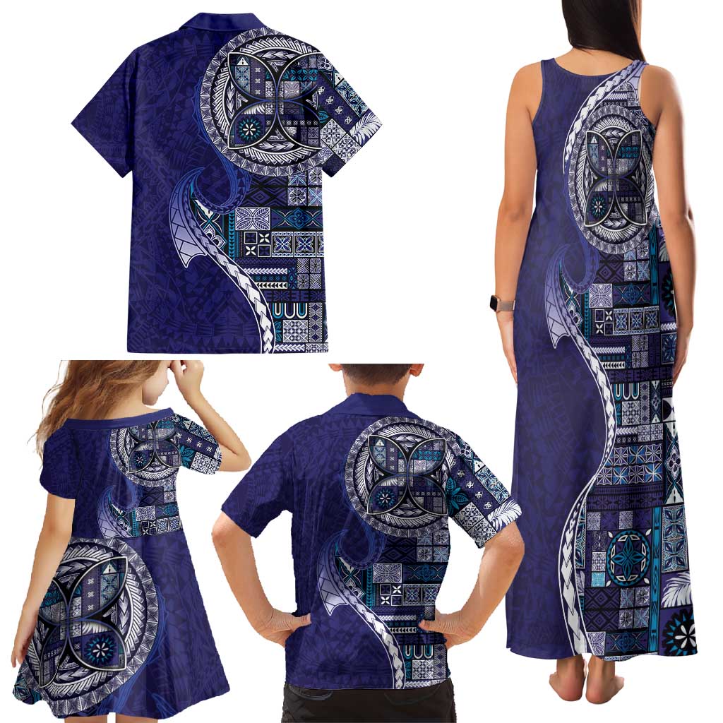 Samoan Siapo Art Tattoo Polynesian Pattern Family Matching Tank Maxi Dress and Hawaiian Shirt Navy Color - Polynesian Pride