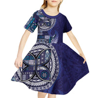 Samoan Siapo Art Tattoo Polynesian Pattern Kid Short Sleeve Dress Navy Color - Polynesian Pride