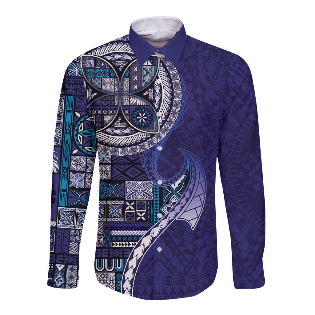 Samoan Siapo Art Tattoo Polynesian Pattern Long Sleeve Button Shirt Navy Color LT03 Unisex Navy - Polynesian Pride