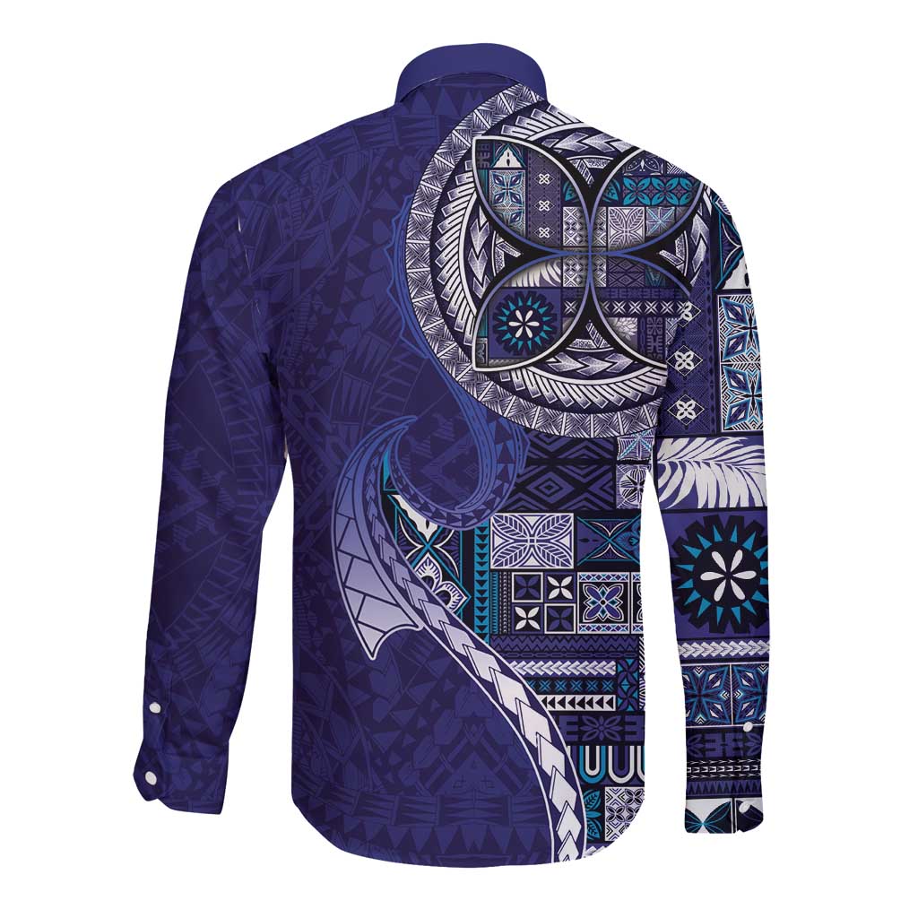 Samoan Siapo Art Tattoo Polynesian Pattern Long Sleeve Button Shirt Navy Color LT03 - Polynesian Pride