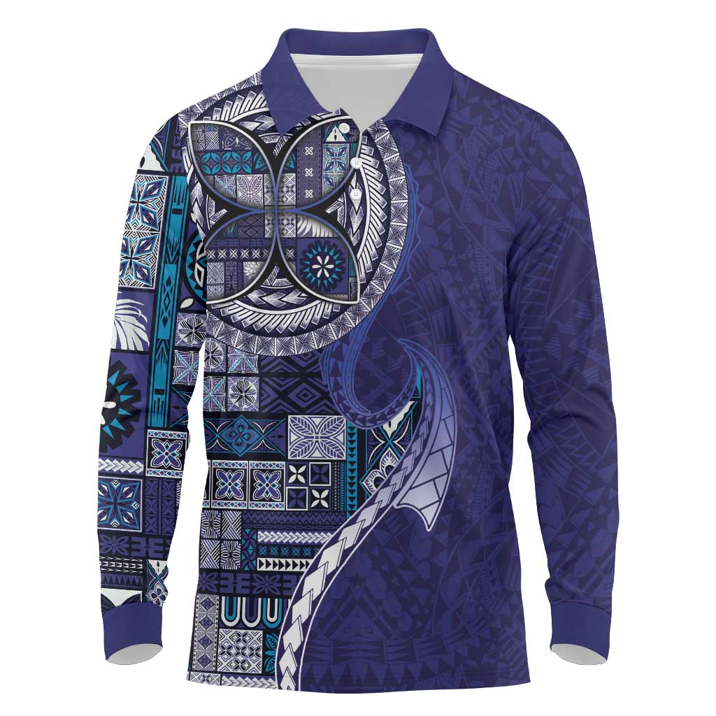 Samoan Siapo Art Tattoo Polynesian Pattern Long Sleeve Polo Shirt Navy Color - Polynesian Pride