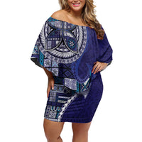 Samoan Siapo Art Tattoo Polynesian Pattern Off Shoulder Short Dress Navy Color - Polynesian Pride