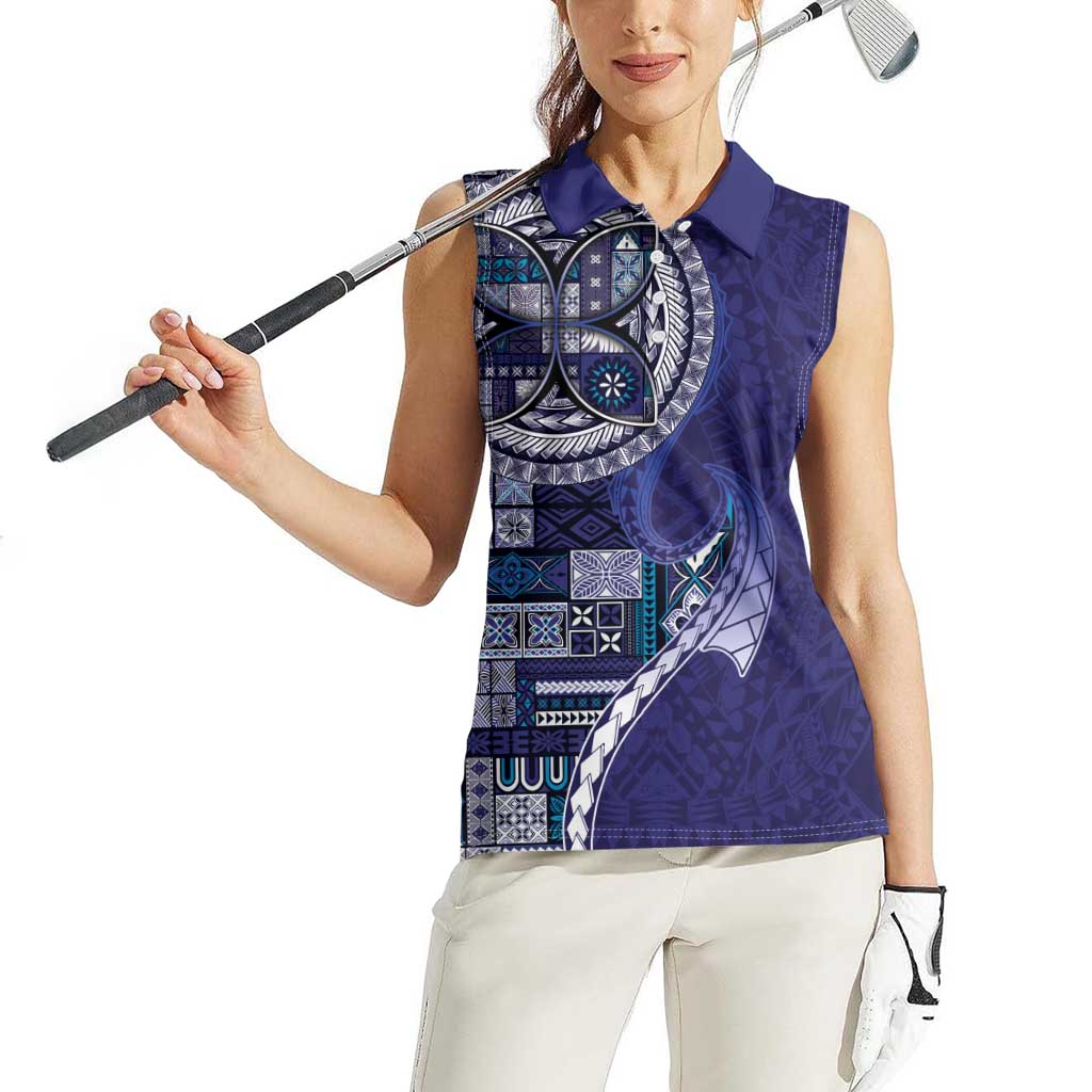Samoan Siapo Art Tattoo Polynesian Pattern Women Sleeveless Polo Shirt Navy Color - Polynesian Pride