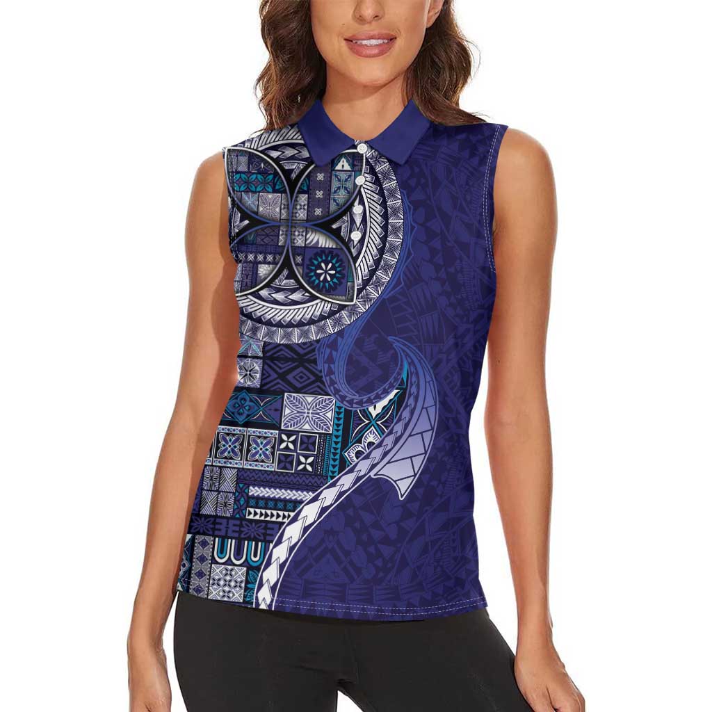 Samoan Siapo Art Tattoo Polynesian Pattern Women Sleeveless Polo Shirt Navy Color - Polynesian Pride