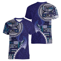 Samoan Siapo Art Tattoo Polynesian Pattern Women V-Neck T-Shirt Navy Color - Polynesian Pride