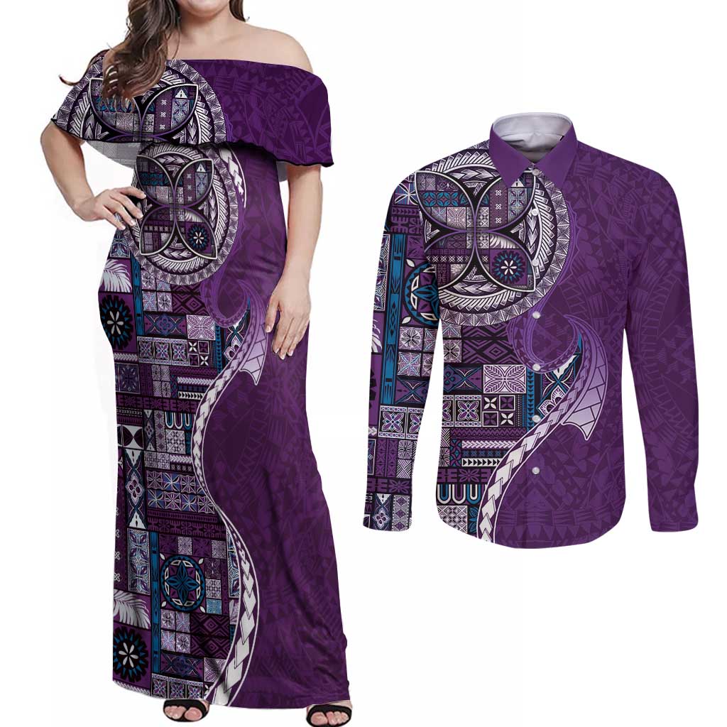 Samoan Siapo Art Tattoo Polynesian Pattern Couples Matching Off Shoulder Maxi Dress and Long Sleeve Button Shirt Purple Color LT03 Purple - Polynesian Pride