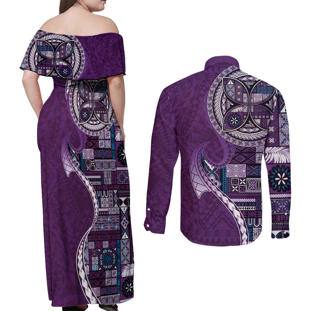 Samoan Siapo Art Tattoo Polynesian Pattern Couples Matching Off Shoulder Maxi Dress and Long Sleeve Button Shirt Purple Color LT03 - Polynesian Pride