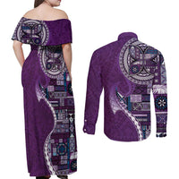 Samoan Siapo Art Tattoo Polynesian Pattern Couples Matching Off Shoulder Maxi Dress and Long Sleeve Button Shirt Purple Color LT03 - Polynesian Pride