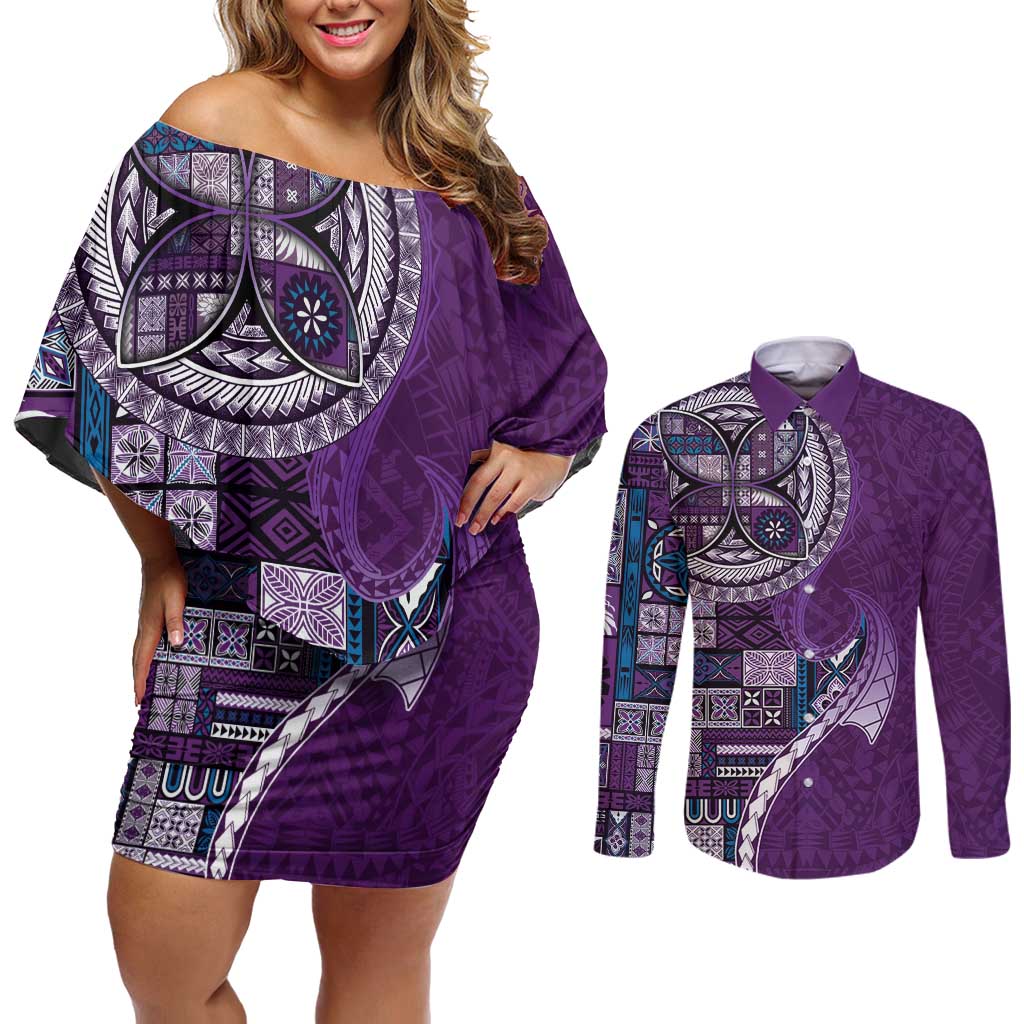 Samoan Siapo Art Tattoo Polynesian Pattern Couples Matching Off Shoulder Short Dress and Long Sleeve Button Shirt Purple Color LT03 Purple - Polynesian Pride