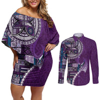 Samoan Siapo Art Tattoo Polynesian Pattern Couples Matching Off Shoulder Short Dress and Long Sleeve Button Shirt Purple Color LT03 Purple - Polynesian Pride