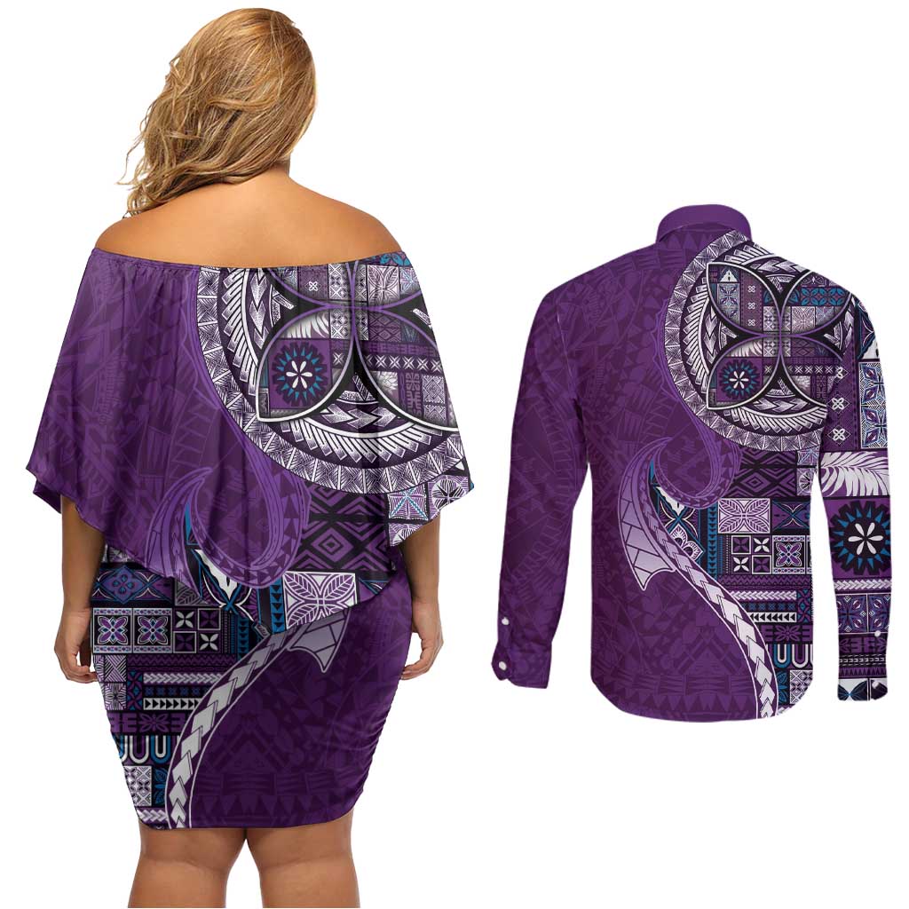 Samoan Siapo Art Tattoo Polynesian Pattern Couples Matching Off Shoulder Short Dress and Long Sleeve Button Shirt Purple Color LT03 - Polynesian Pride