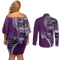 Samoan Siapo Art Tattoo Polynesian Pattern Couples Matching Off Shoulder Short Dress and Long Sleeve Button Shirt Purple Color LT03 - Polynesian Pride