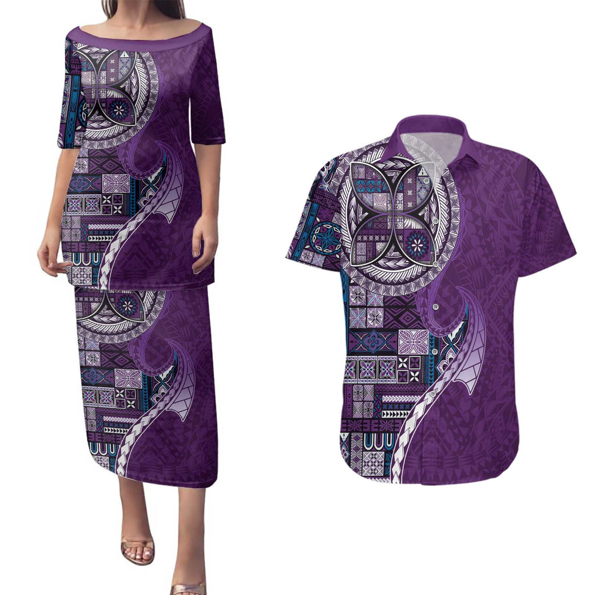 Samoan Siapo Art Tattoo Polynesian Pattern Couples Matching Puletasi and Hawaiian Shirt Purple Color LT03 Purple - Polynesian Pride