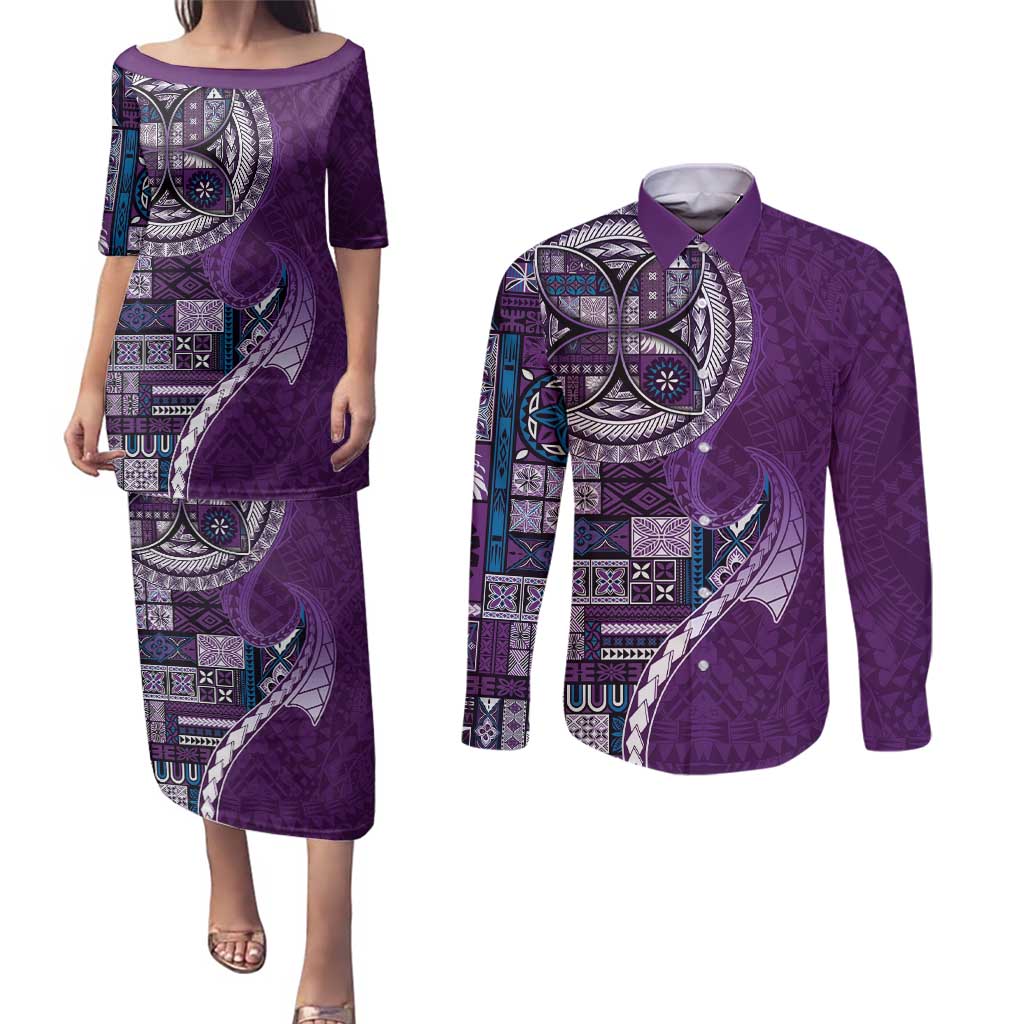 Samoan Siapo Art Tattoo Polynesian Pattern Couples Matching Puletasi and Long Sleeve Button Shirt Purple Color LT03 Purple - Polynesian Pride