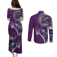 Samoan Siapo Art Tattoo Polynesian Pattern Couples Matching Puletasi and Long Sleeve Button Shirt Purple Color LT03 - Polynesian Pride