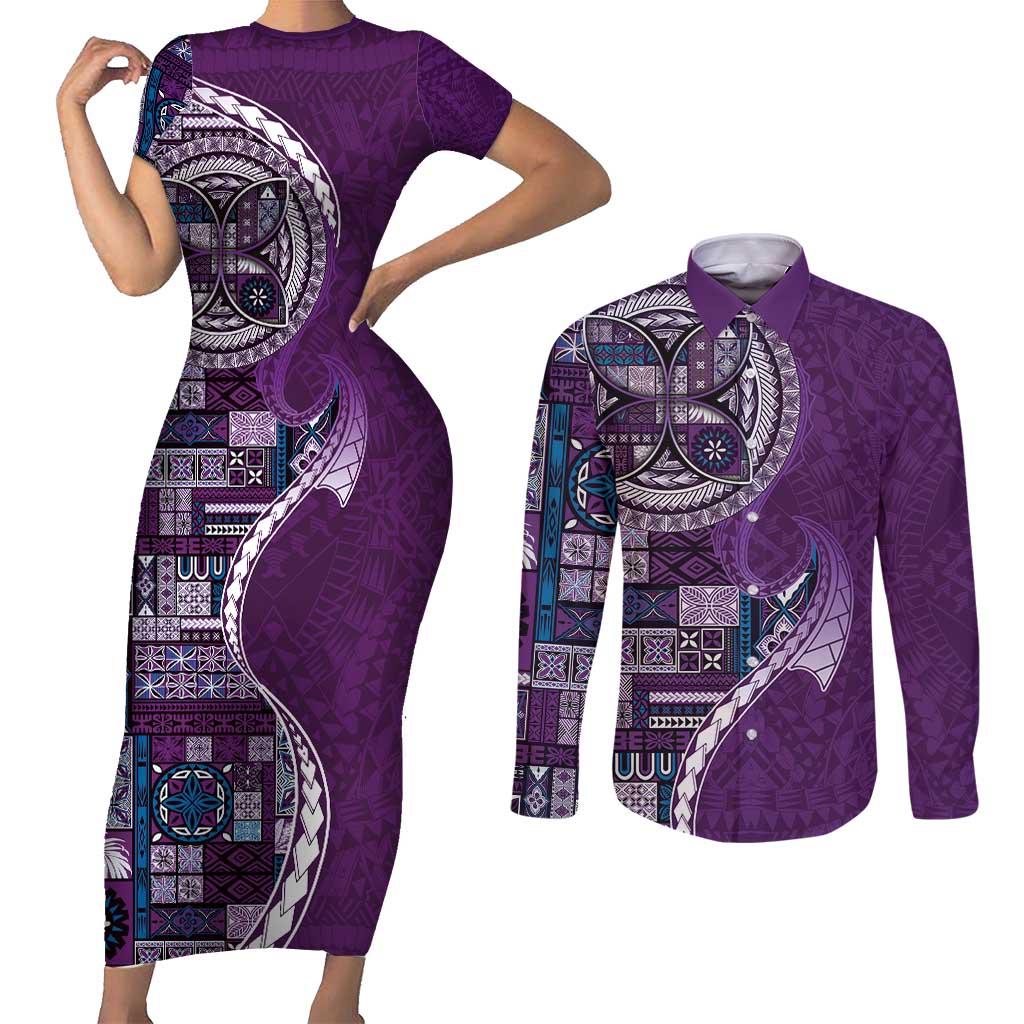 Samoan Siapo Art Tattoo Polynesian Pattern Couples Matching Short Sleeve Bodycon Dress and Long Sleeve Button Shirt Purple Color LT03 Purple - Polynesian Pride